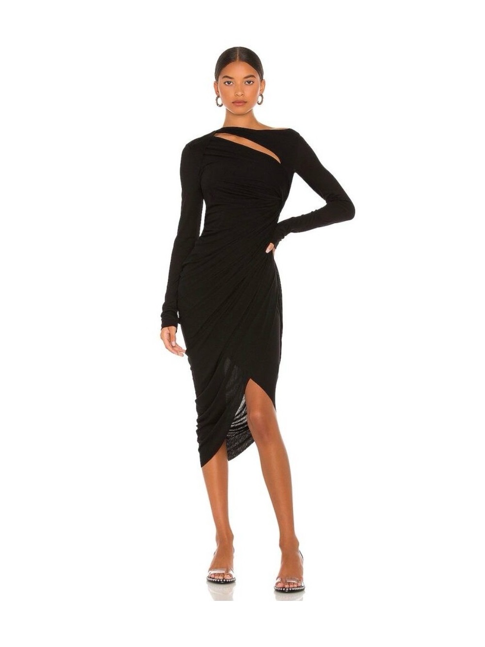 NWT Helmut Lang Black Long-Sleeve Ruched Midi Dress with Cutout